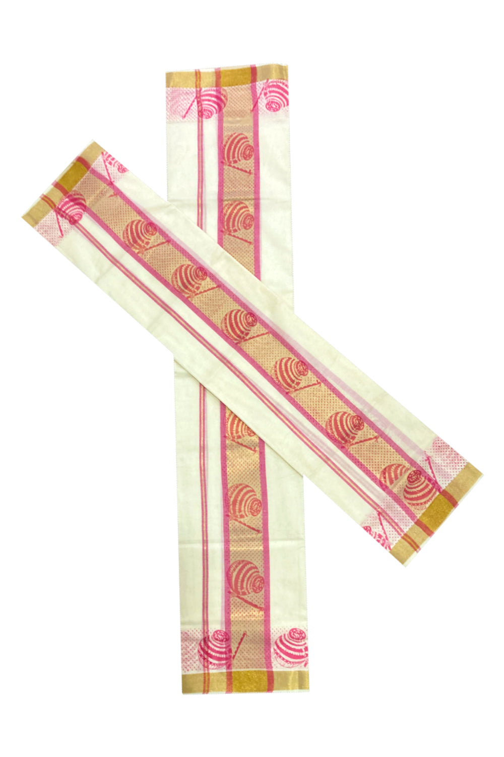 Kerala Cotton Kasavu Set Mundu (Mundum Neriyathum) with Pink Block Prints on Border