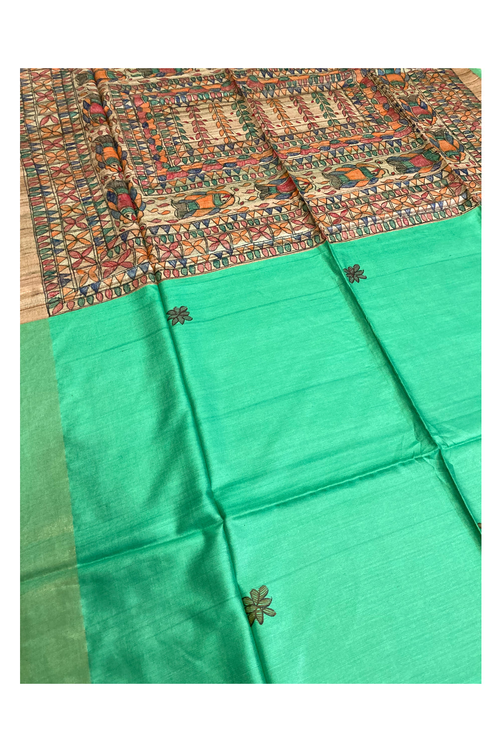 Southloom Soft Silk Green Saree with Multi-Coloured Art Works on Pallu