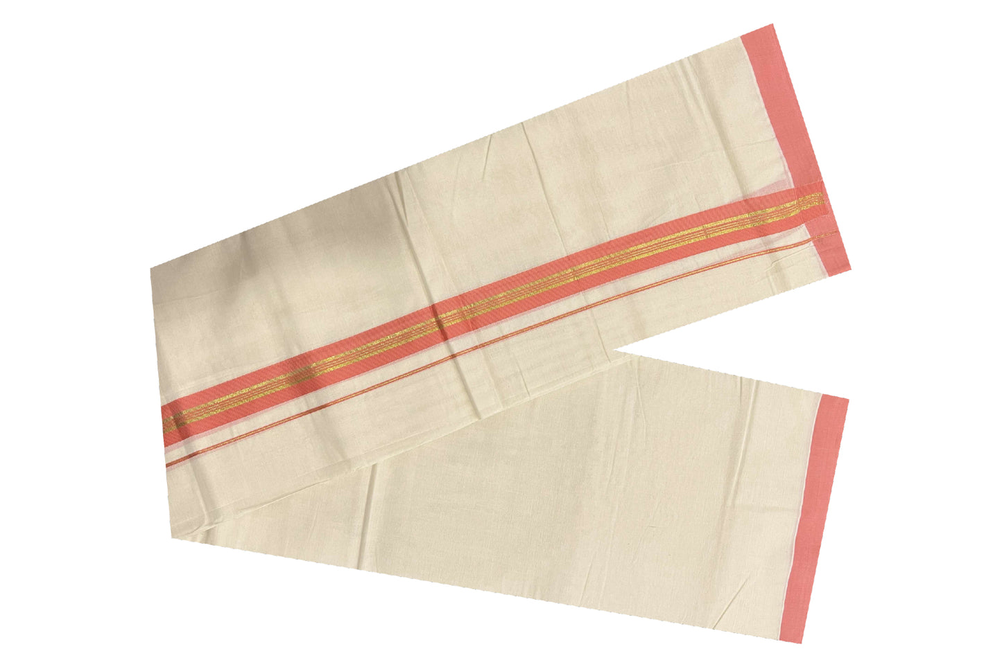 Off White Pure Cotton Double Mundu with Kasavu and Peach Kara (South Indian Dhoti)