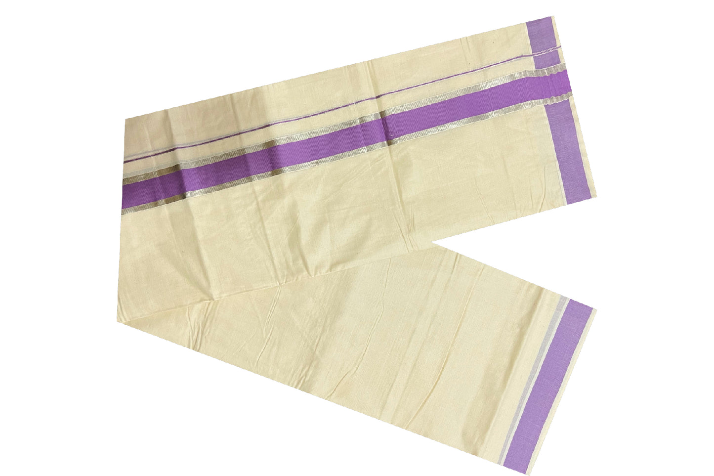 Off White Kerala Double Mundu with Silver Kasavu and Violet Border (South Indian Dhoti)