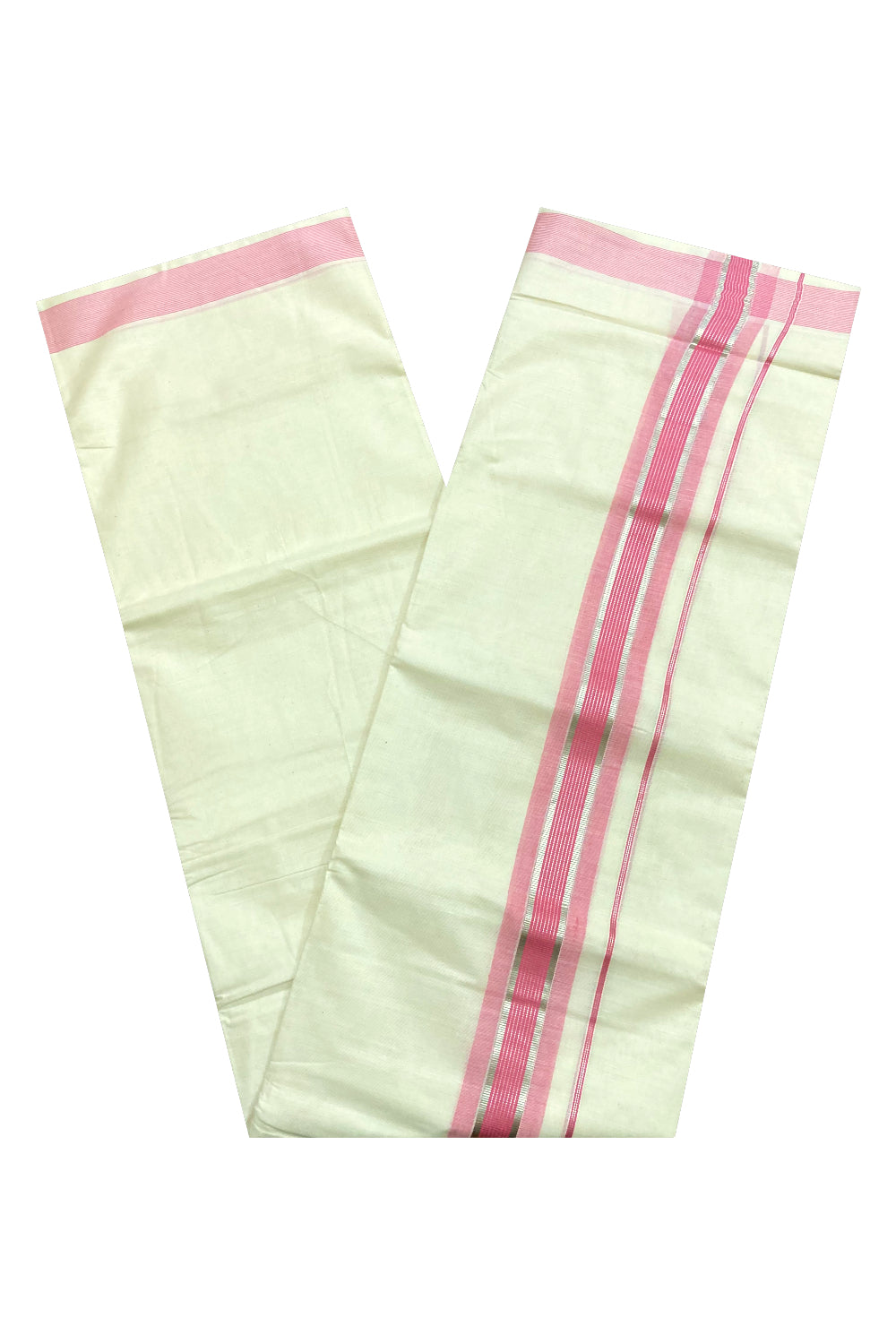 Off White Pure Cotton Double Mundu with Silver Kasavu and Pink Border (South Indian Dhoti)