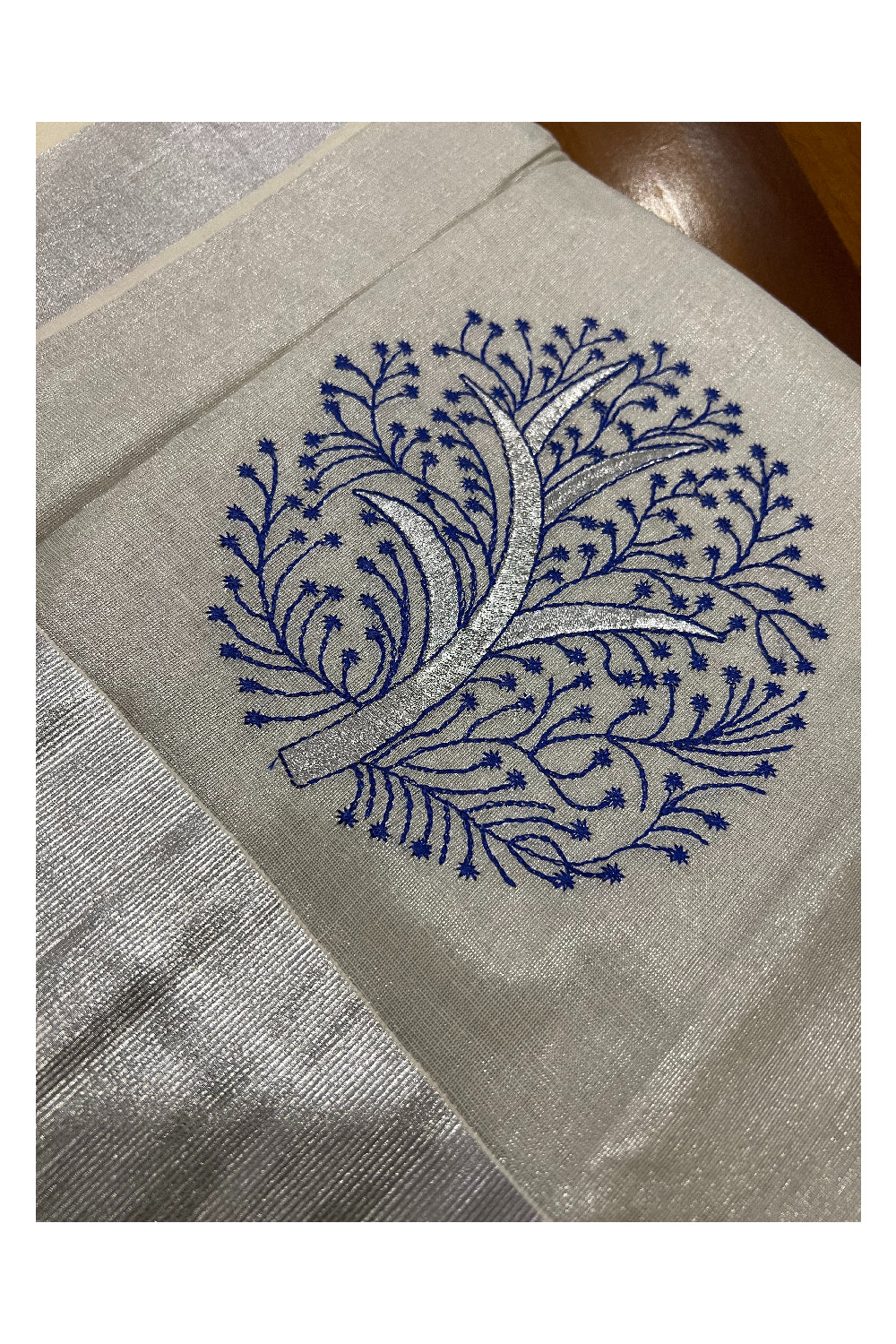 Kerala Silver Tissue Kasavu Saree with Blue Floral Thread works