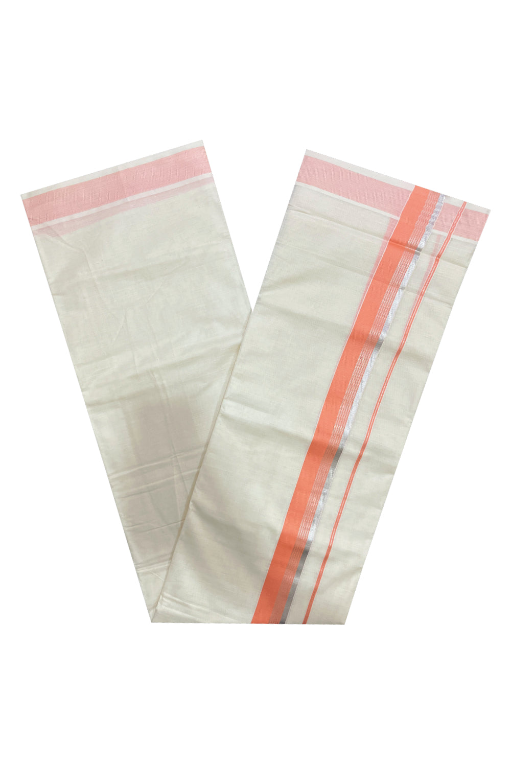 Pure Cotton Double Mundu with Peach and Silver Kasavu Border (South Indian Dhoti)