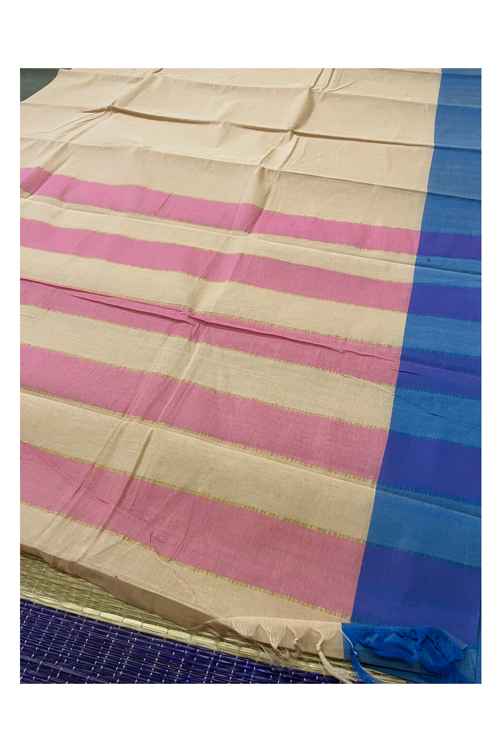 Pure Cotton Brown Plain Saree with Blue Border