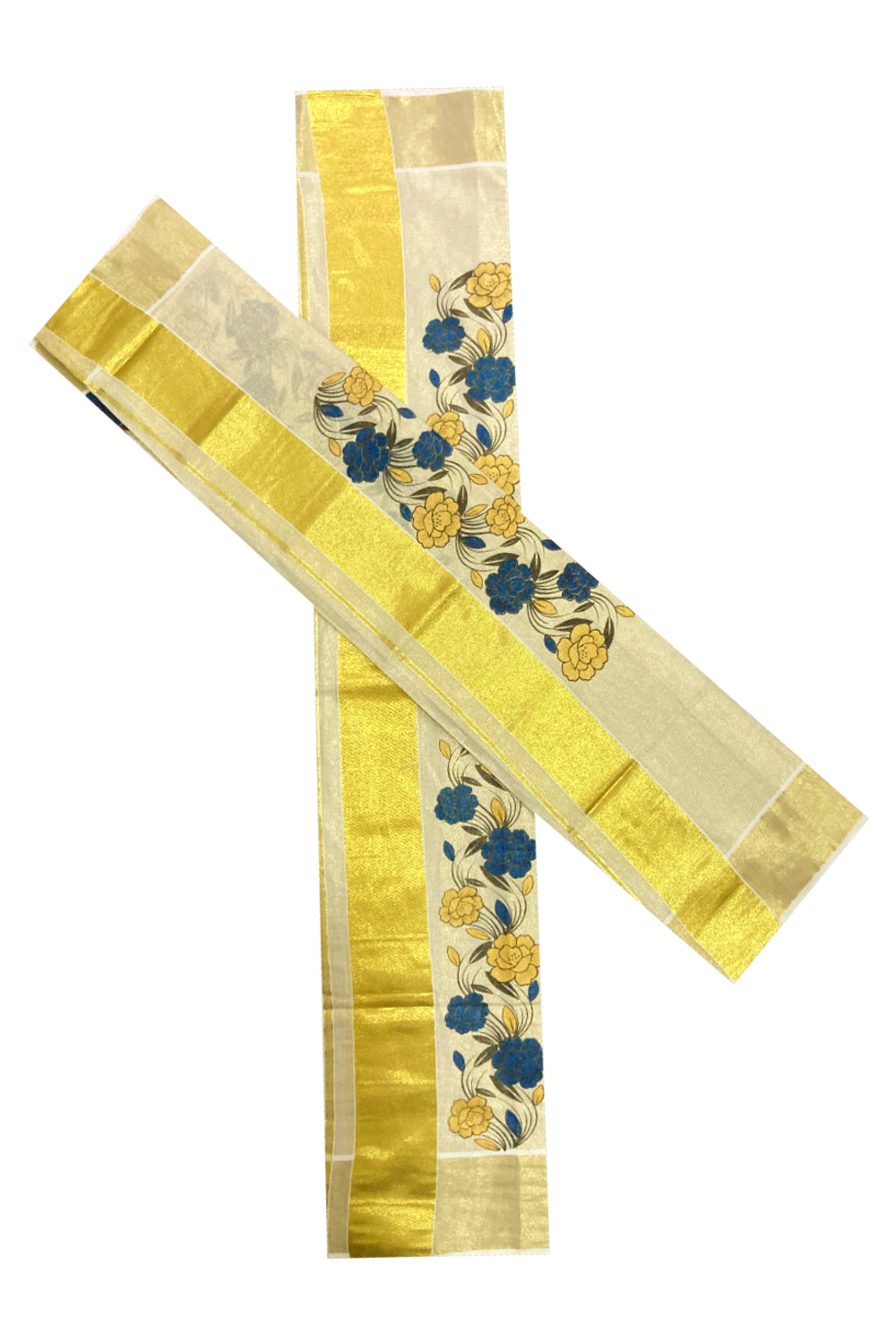 Kerala Tissue Kasavu Set Mundu (Mundum Neriyathum) with Blue and Yellow Floral Mural Printed Design 2.80 Mtrs