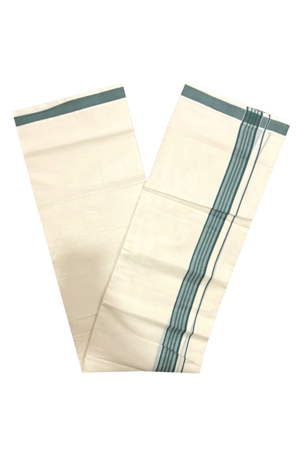 Pure Cotton Off White Double Mundu with Green Border (South Indian Dhoti)