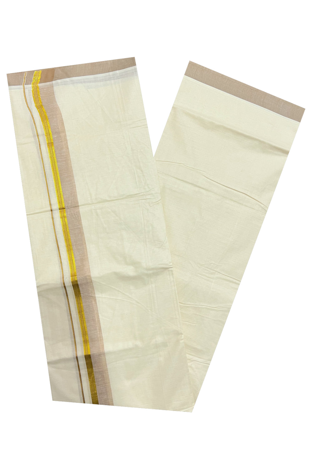 Pure Cotton Off White Double Mundu with Light Brown and Kasavu Border (South Indian Dhoti)