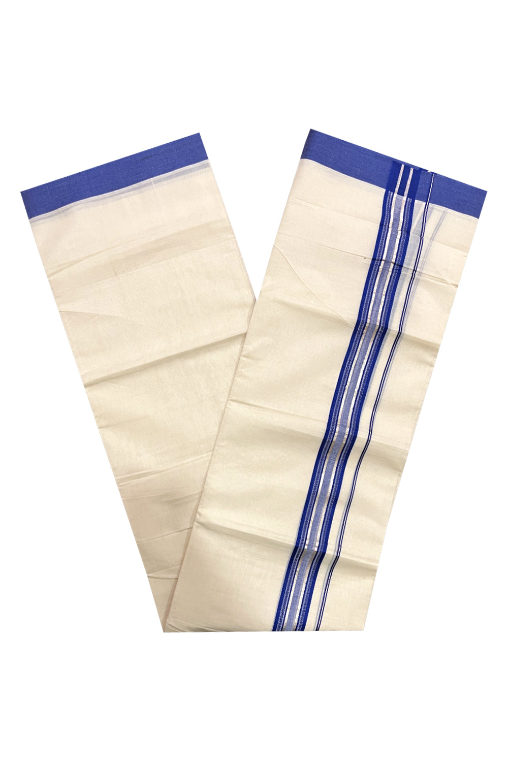 Pure Cotton Off White Double Mundu with Blue and Silver Kara (South Indian Dhoti)