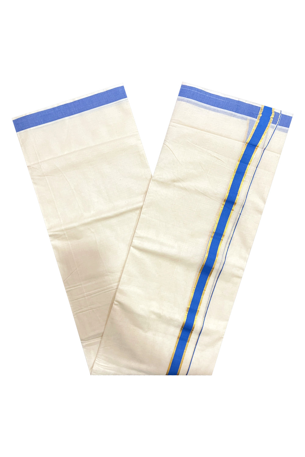 Pure Cotton Double Mundu with Kasavu Blue Kara (South Indian Dhoti)