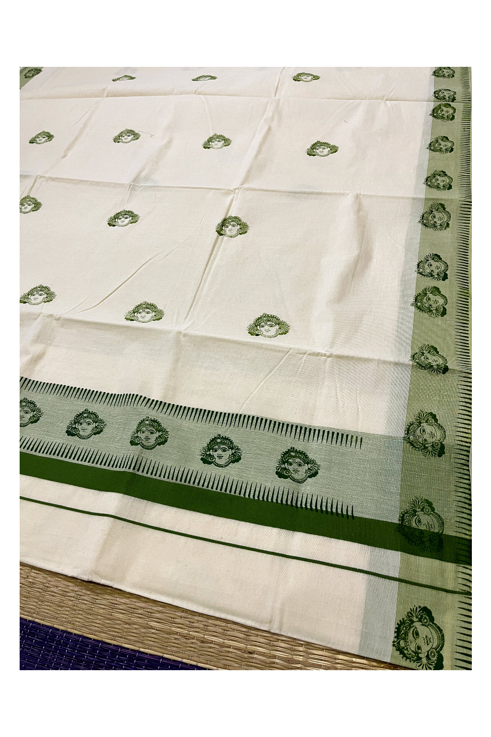 Pure Cotton Kerala Saree with Green Krishna Block Printed Border (Onam Saree 2023)