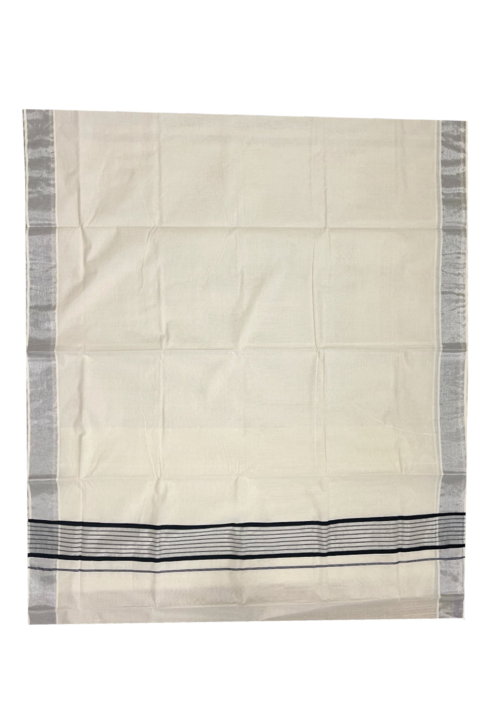 Kerala Pure Cotton Plain Saree with Silver Border and Silver Black Pallu