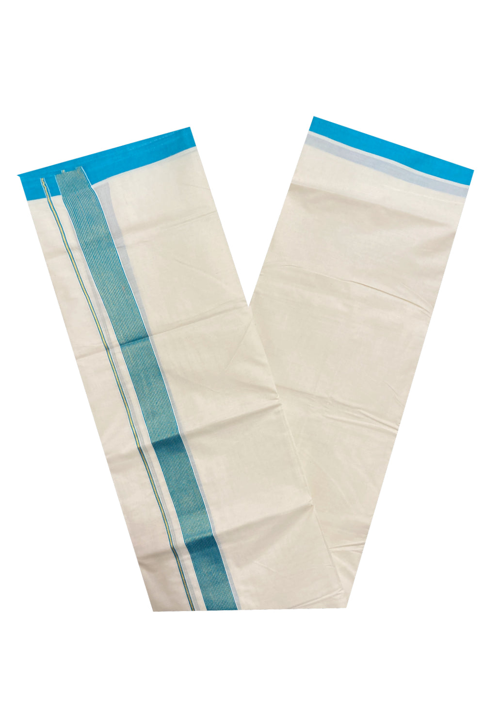 Off White Kerala Double Mundu with Kasavu and Light Blue Line Border (South Indian Dhoti)