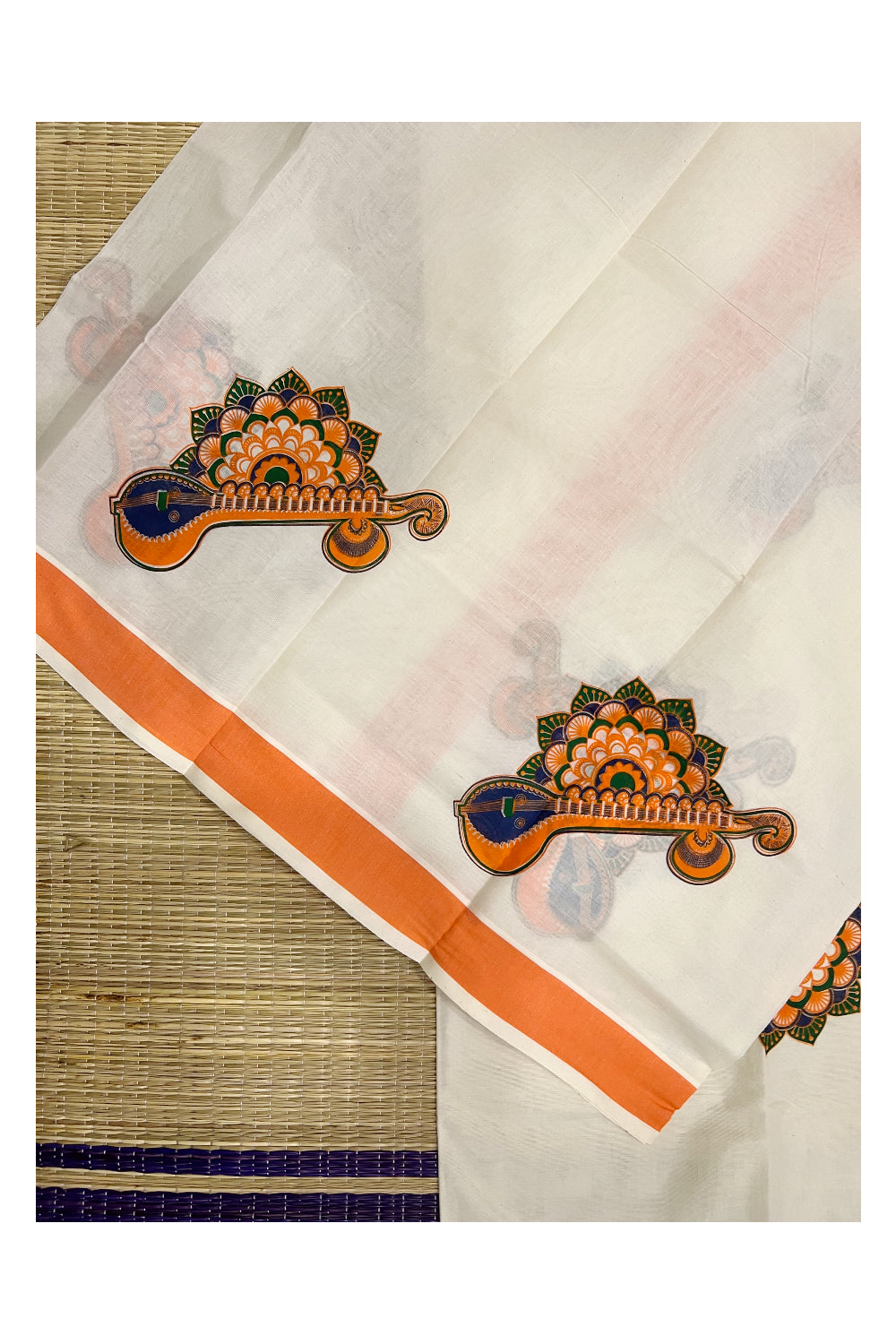 Kerala Cotton Set Mundu (Mundum Neriyathum) with Mural Printed Orange Border