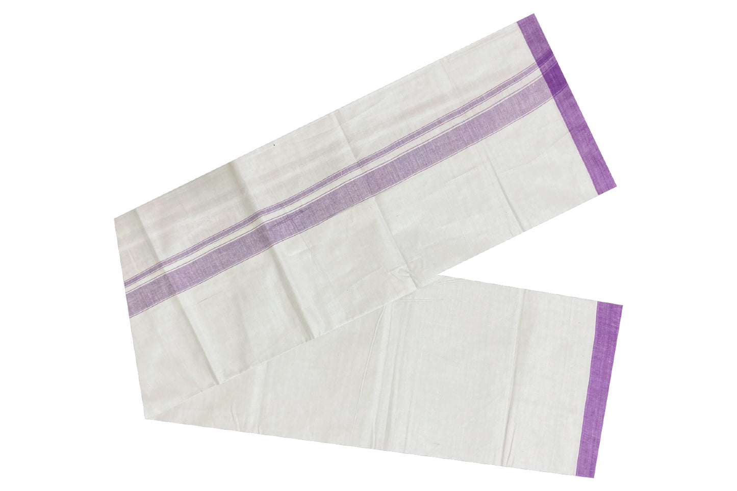 Southloom Premium Handloom Pure White Solid Single Mundu (Lungi) with Violet Border