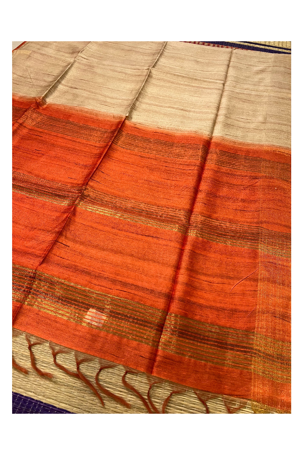 Southloom Beige Semi Tussar Designer Saree with Dark Orange Pallu