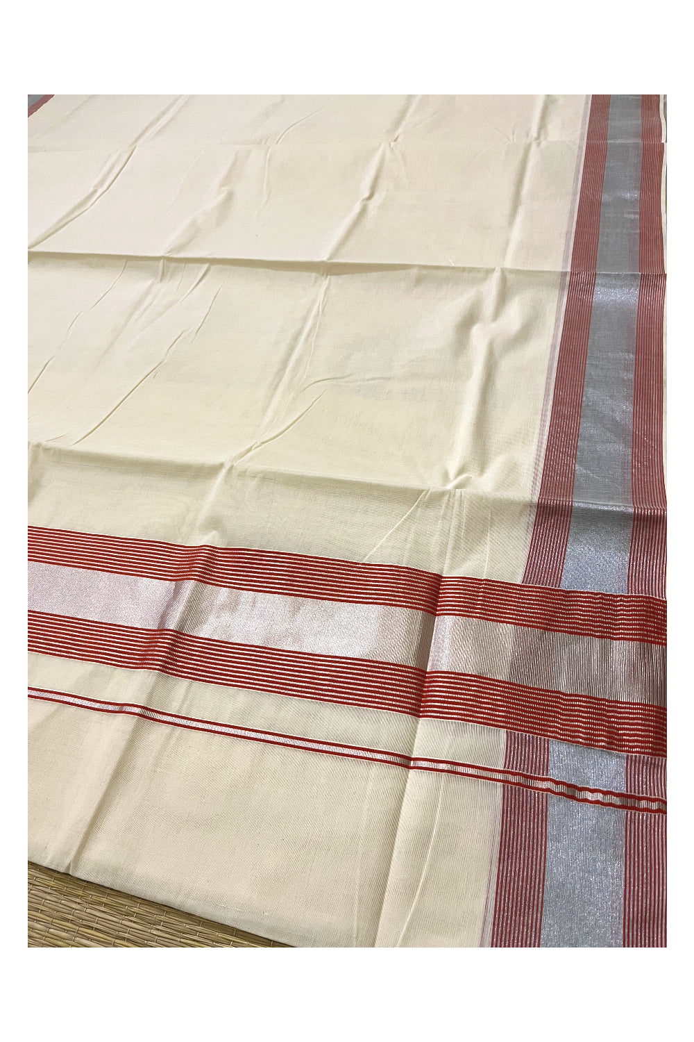 Pure Cotton Kerala Saree with Silver Kasavu and Orange Line Border