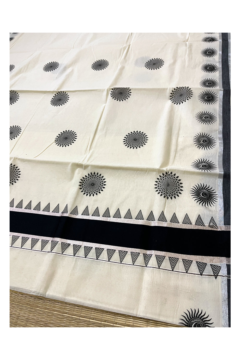 Pure Cotton Kerala Saree with Black Floral Block Prints and Silver Kasavu Border (Onam 2024 Collection)