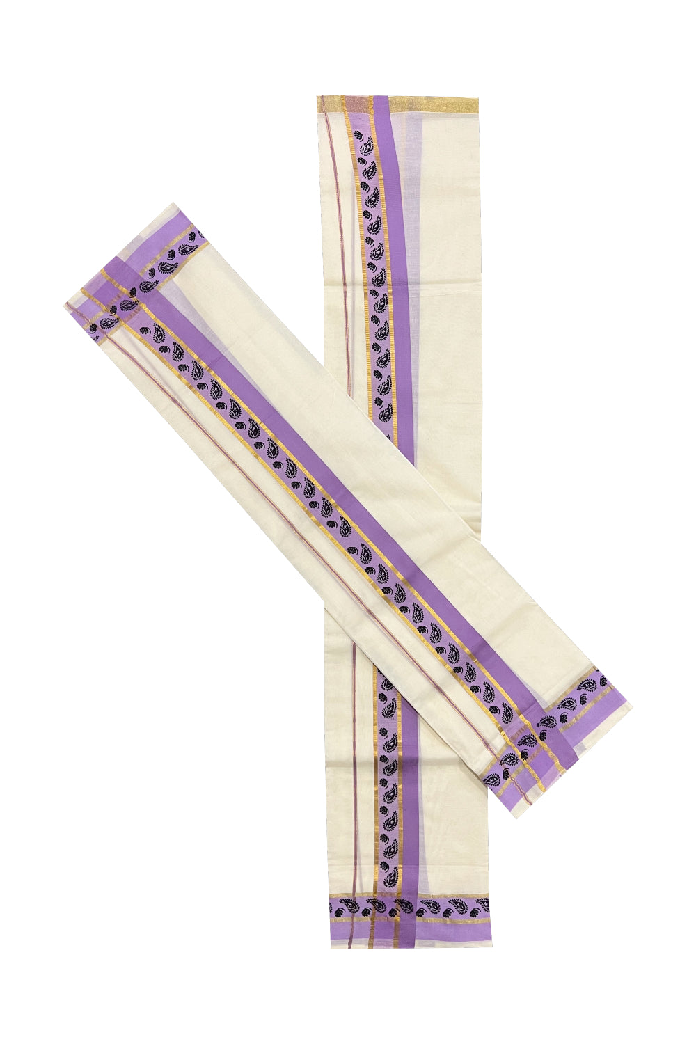 Kerala Cotton Kasavu Set Mundu (Mundum Neriyathum) with Black Paisley Block Prints in Violet Border