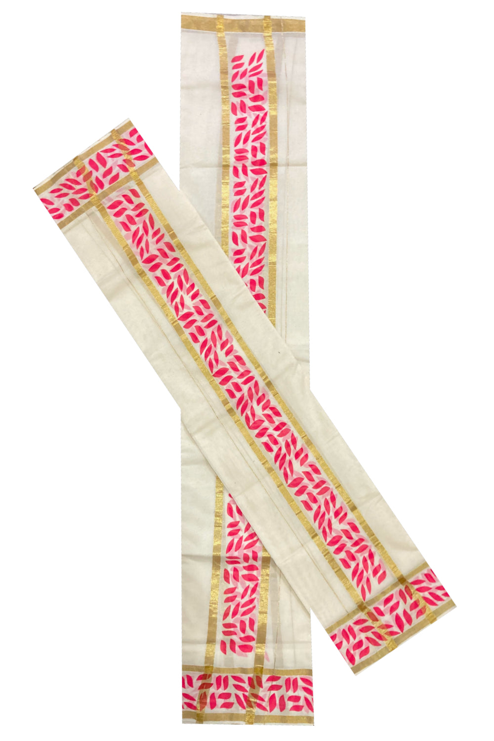 Kerala Cotton Kasavu Set Mundu (Mundum Neriyathum) with Pink Block Prints on Border