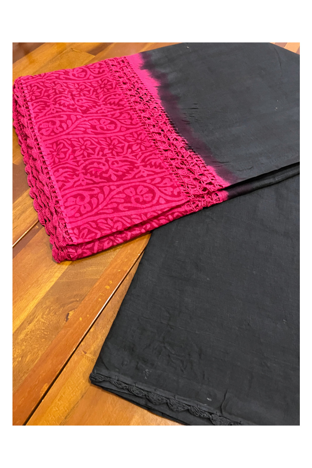 Southloom Pure Cotton Black Saree with Designer Magenta Crochet works on Border