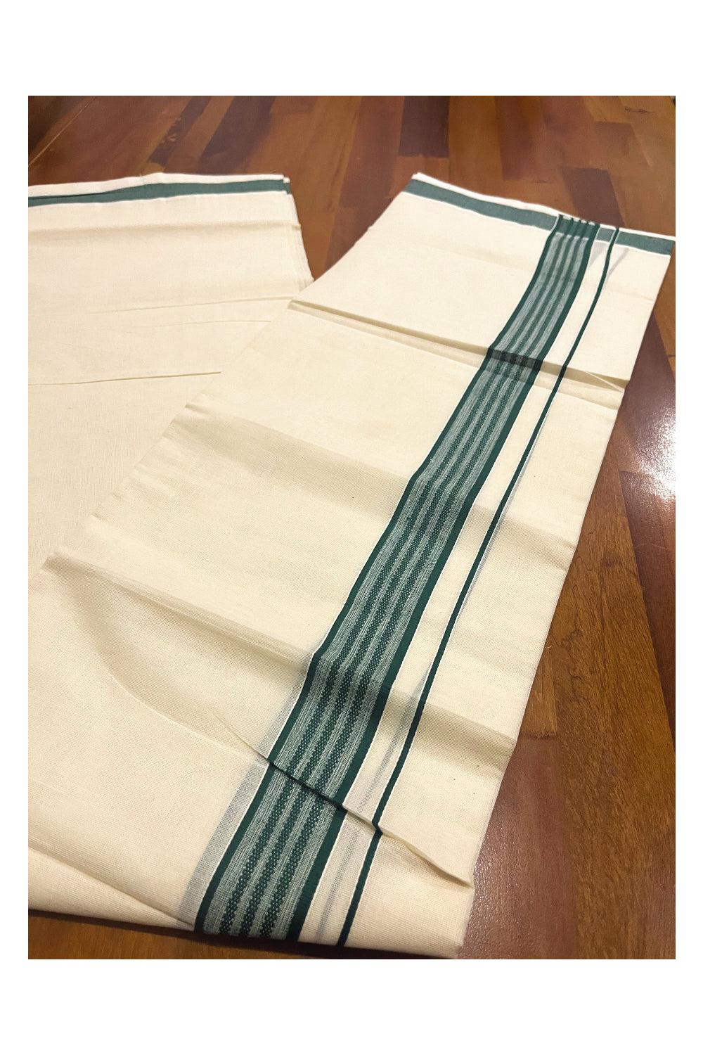 Pure Cotton Off White Double Mundu with Green Border (South Indian Dhoti)