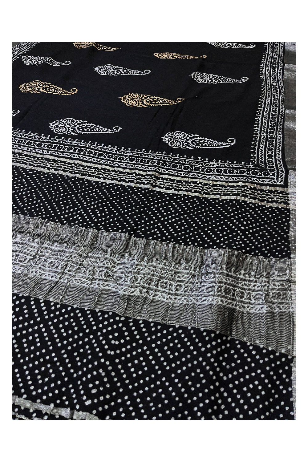 Southloom Linen Designer Black Saree with Fabric Prints on Body and Tassels Works