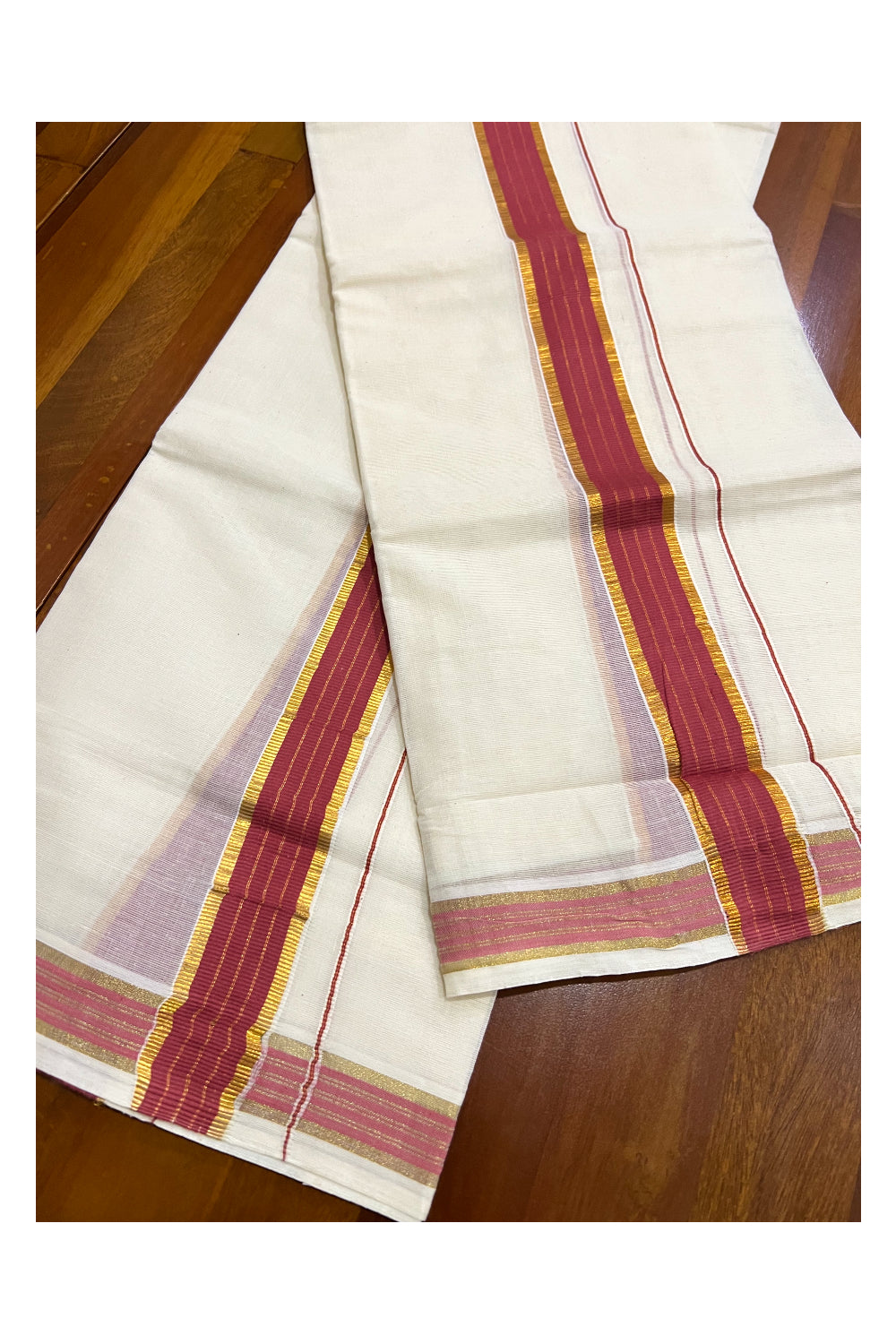 Pure Cotton Kerala Single Set Mundu (Mundum Neriyathum) with Dark Pink and Kasavu Border