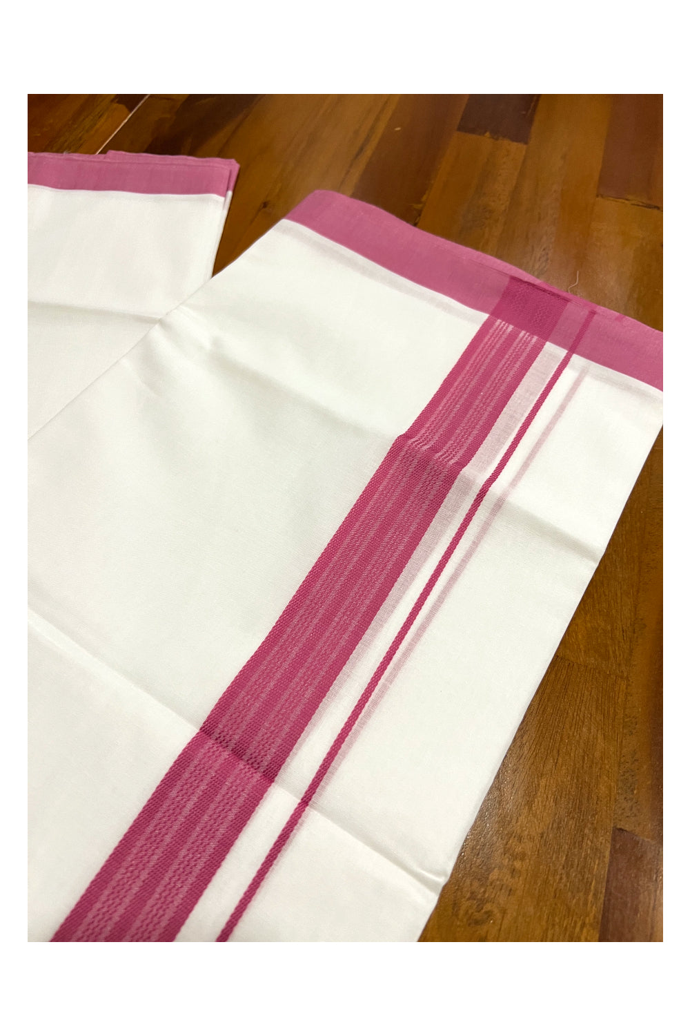 Pure White Cotton Double Mundu with Onion Pink Border (South Indian Dhoti)