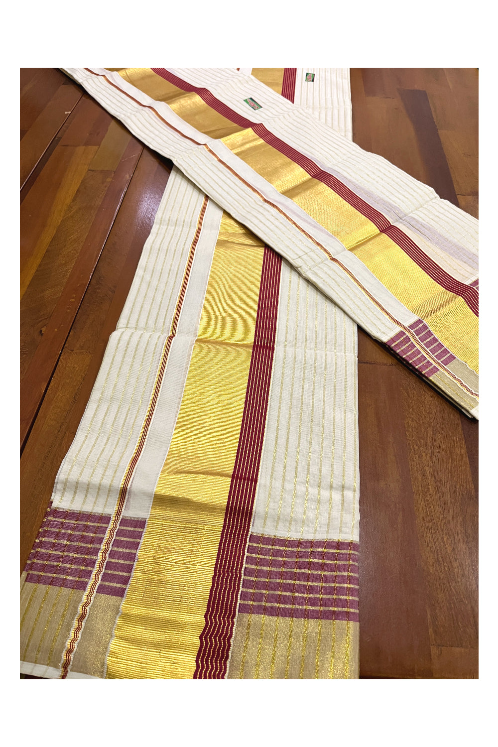 Kerala Cotton Set Mundu (Mundum Neriyathum) with Kasavu Lines on Body and Maroon Border 2.80 Mtrs