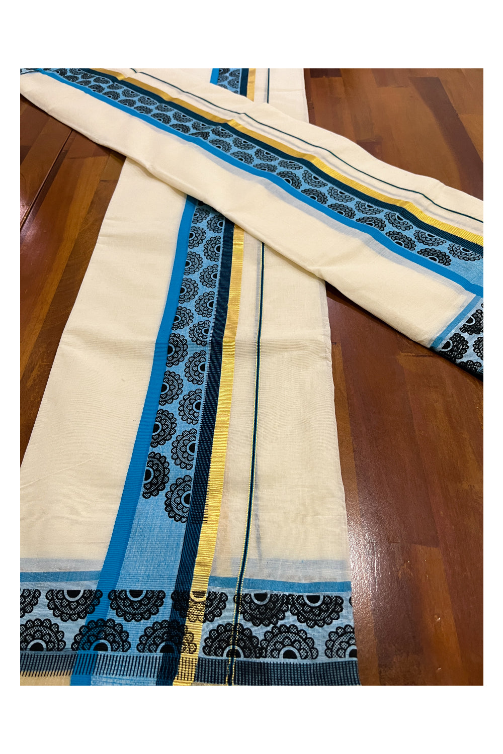 Kerala Cotton Single Kasavu Set Mundu (Mundum Neriyathum) with Block Prints on Blue Border