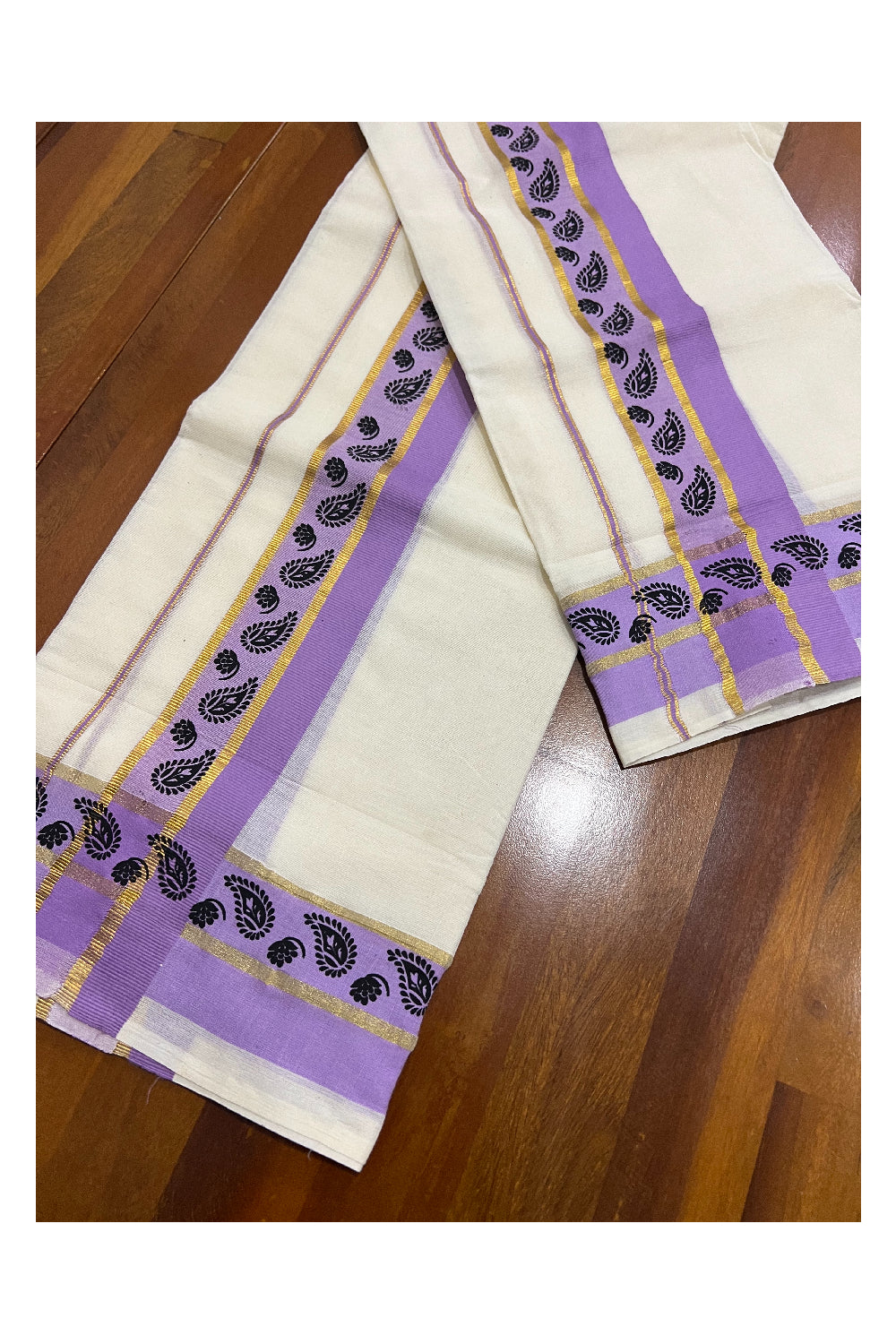 Kerala Cotton Kasavu Set Mundu (Mundum Neriyathum) with Black Paisley Block Prints in Violet Border