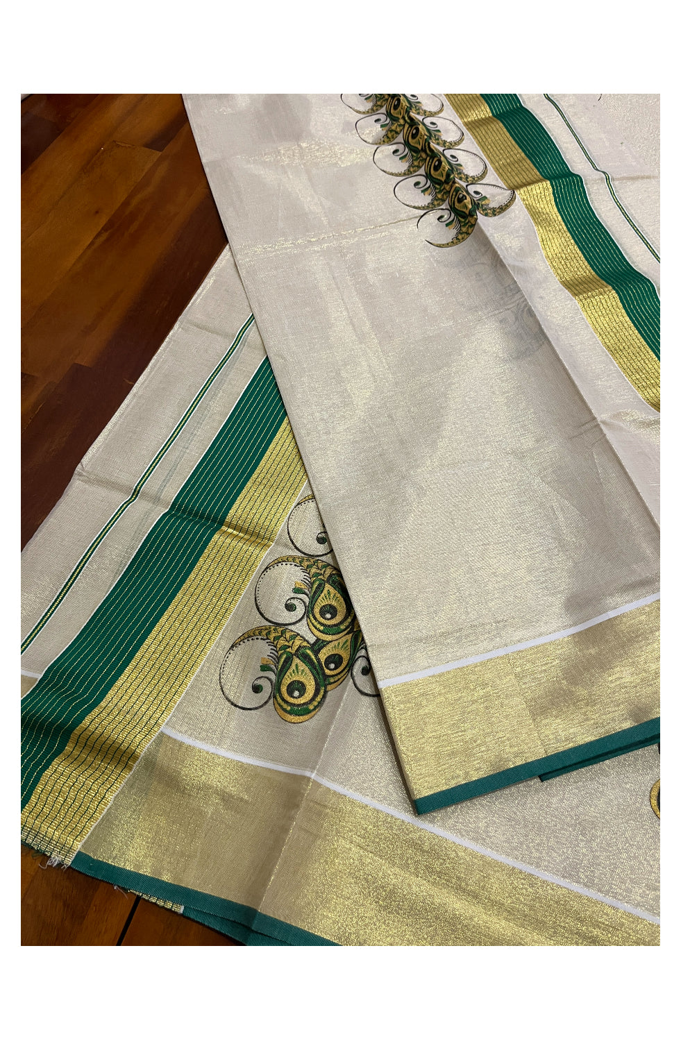 Kerala Tissue Set Mundu (Mundum Neriyathum) with Block Prints on Green and Kasavu Border 2.80 Mtrs