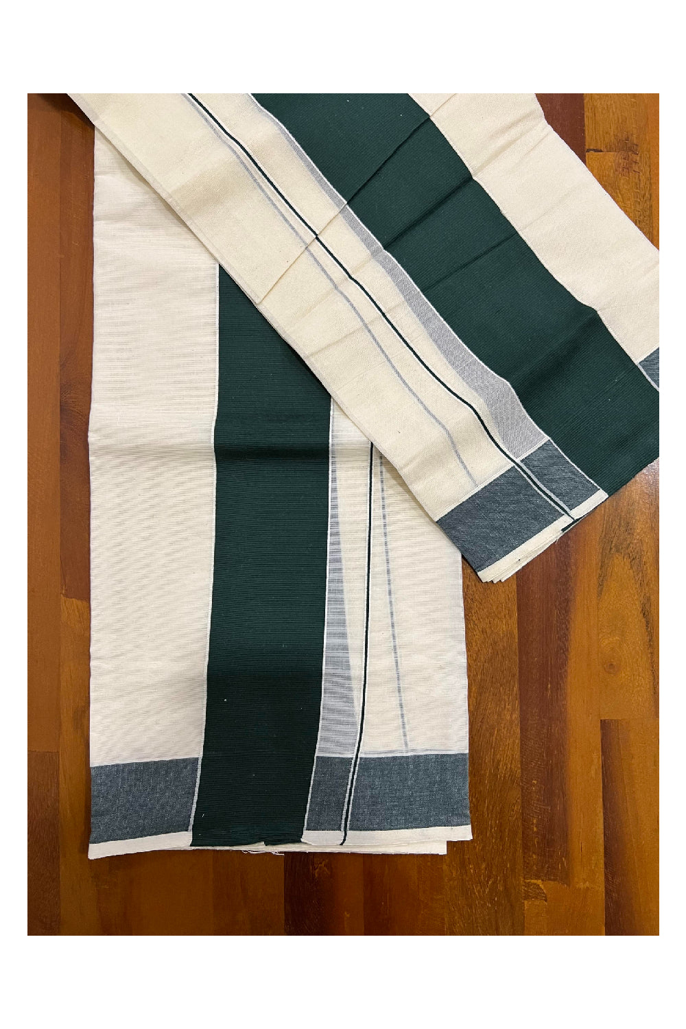Kerala Cotton Mundum Neriyathum Single (Set Mundu) with Plian Dark Green Border