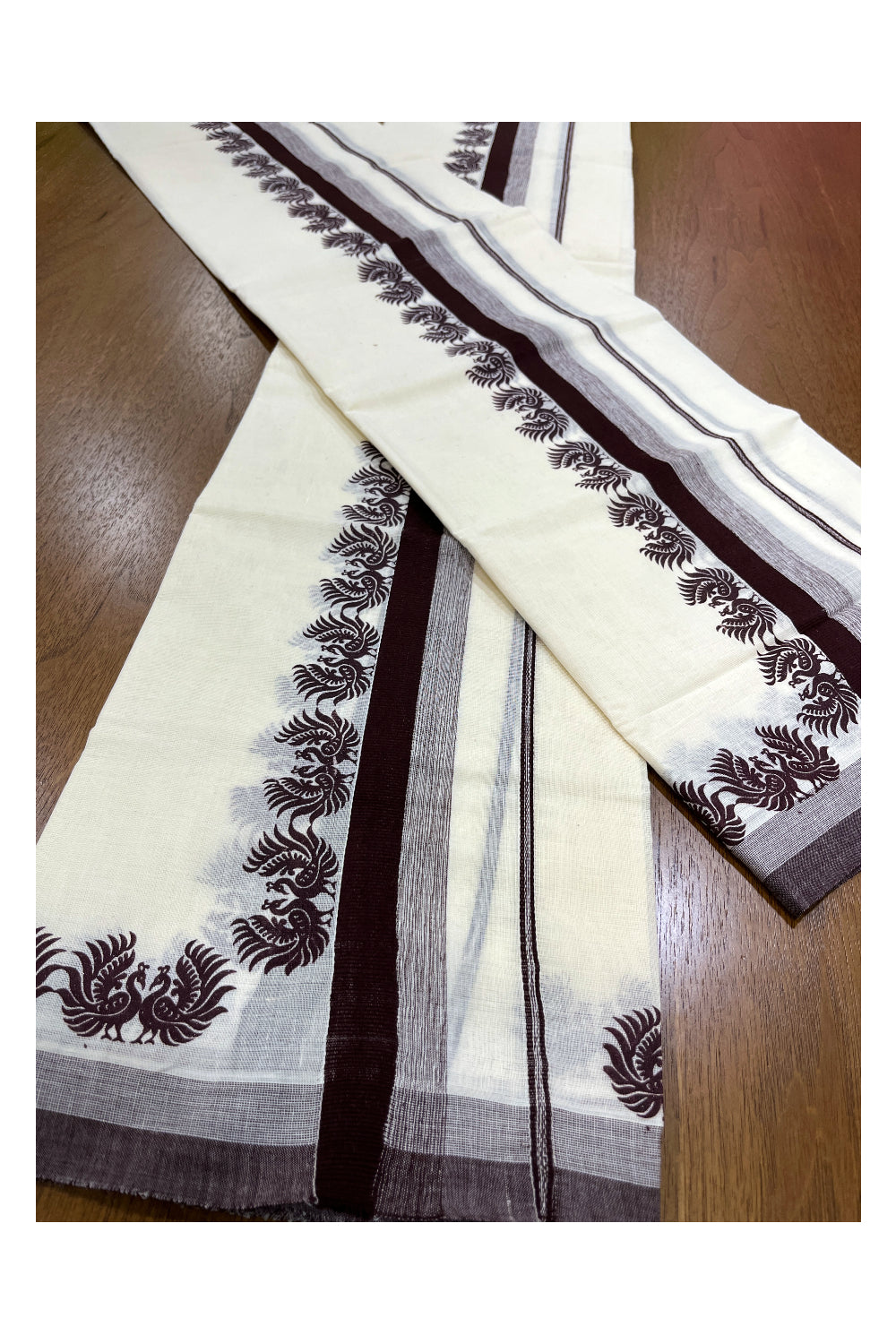 Kerala Cotton Single Set Mundu (Mundum Neriyathum) with Brown Peacock Block Prints on Border