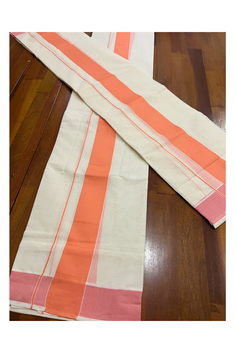 Kerala Cotton Mundum Neriyathum Single (Set Mundu) with Peach 2 inch Border