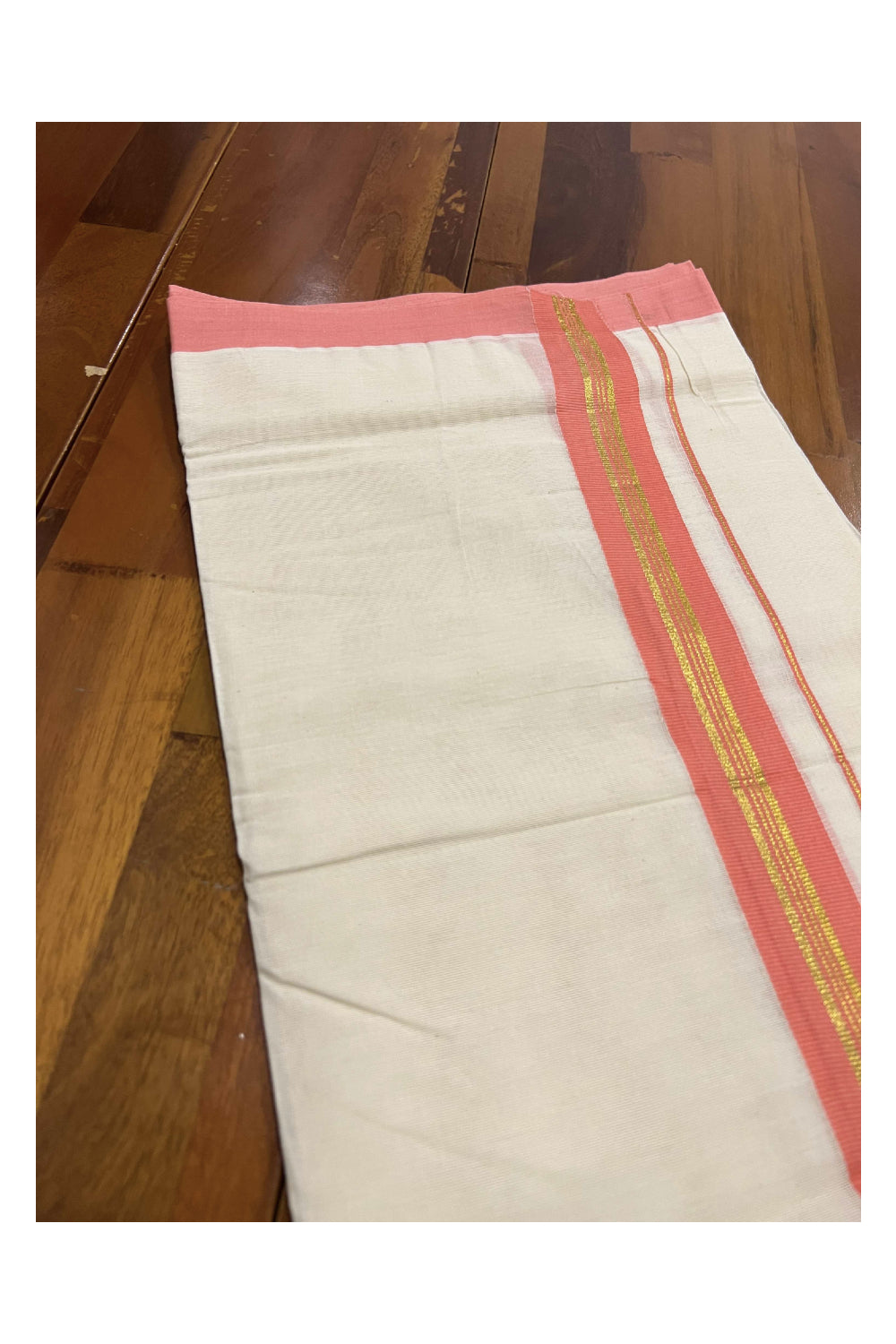 Off White Pure Cotton Double Mundu with Kasavu and Peach Kara (South Indian Dhoti)