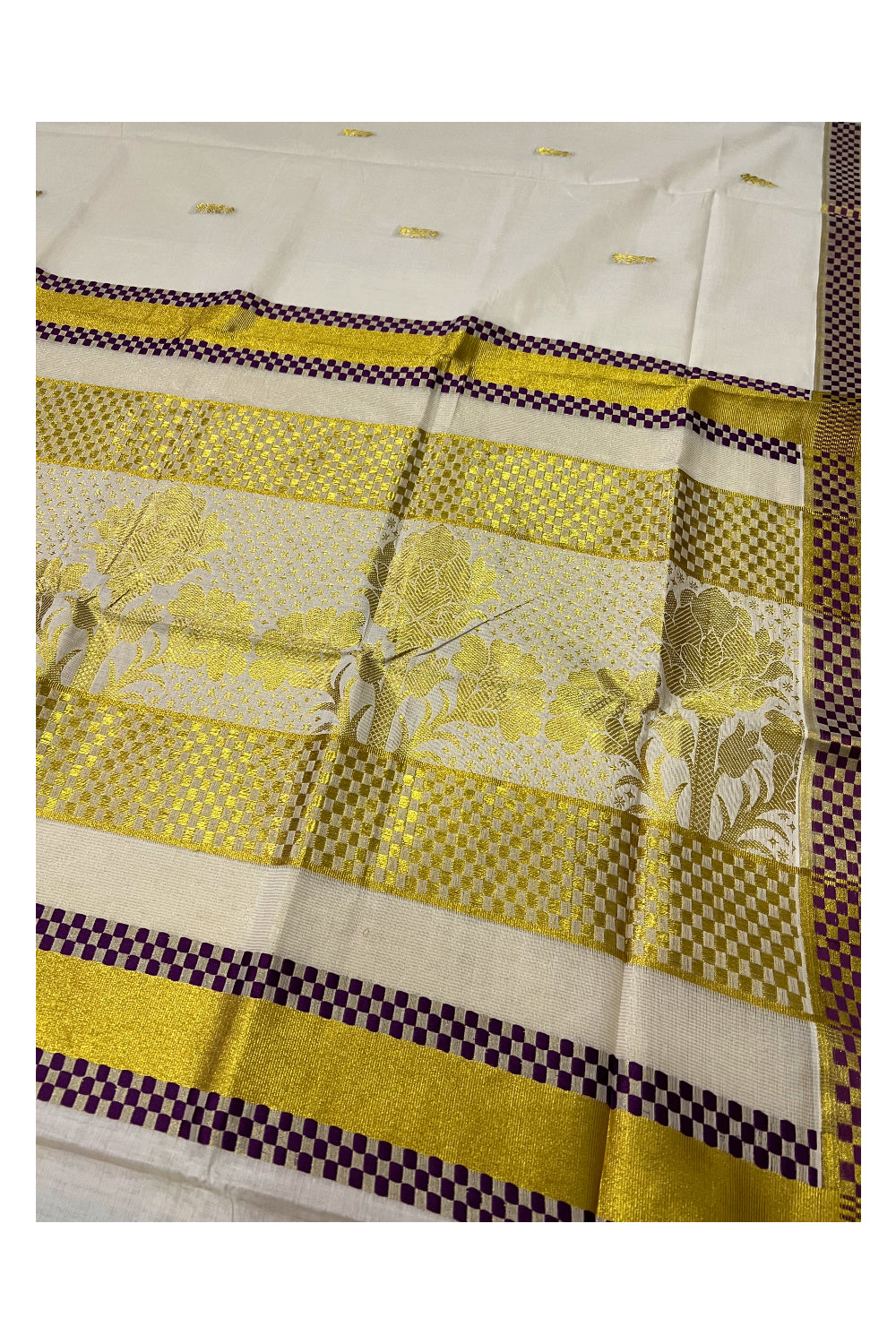 Pure Cotton Kerala Saree with Kasavu Woven Floral Patterns on Body and Purple Golden Border