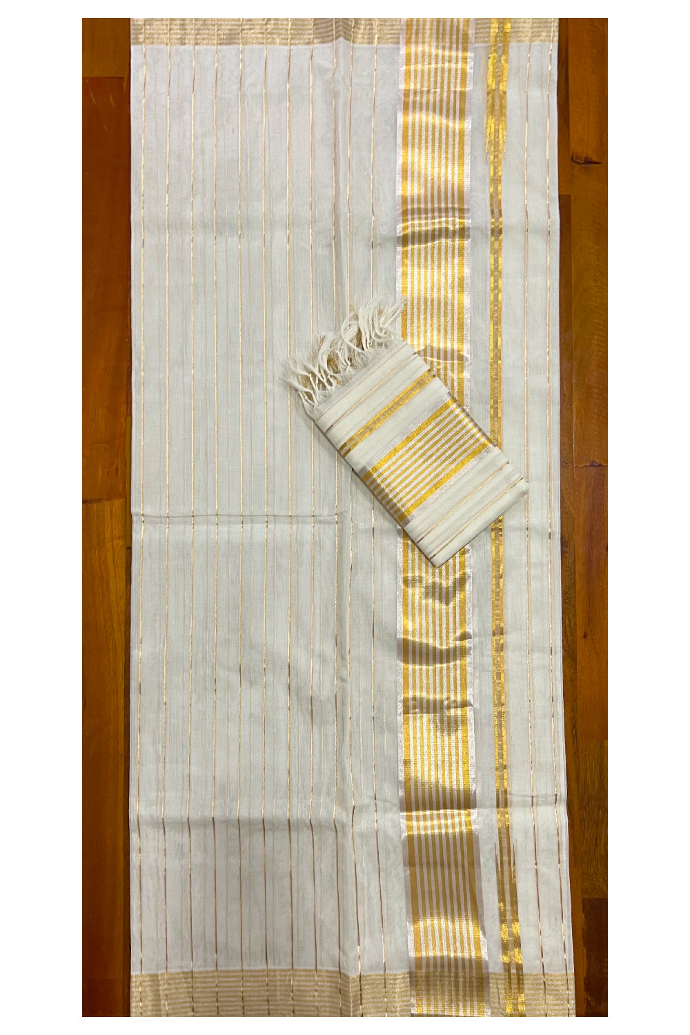 Southloom™ Handloom Premium Single Mundum Neriyathum (Set Mundu) with Silver and Golden Kasavu Lines Work on Body 2.80 Mtrs