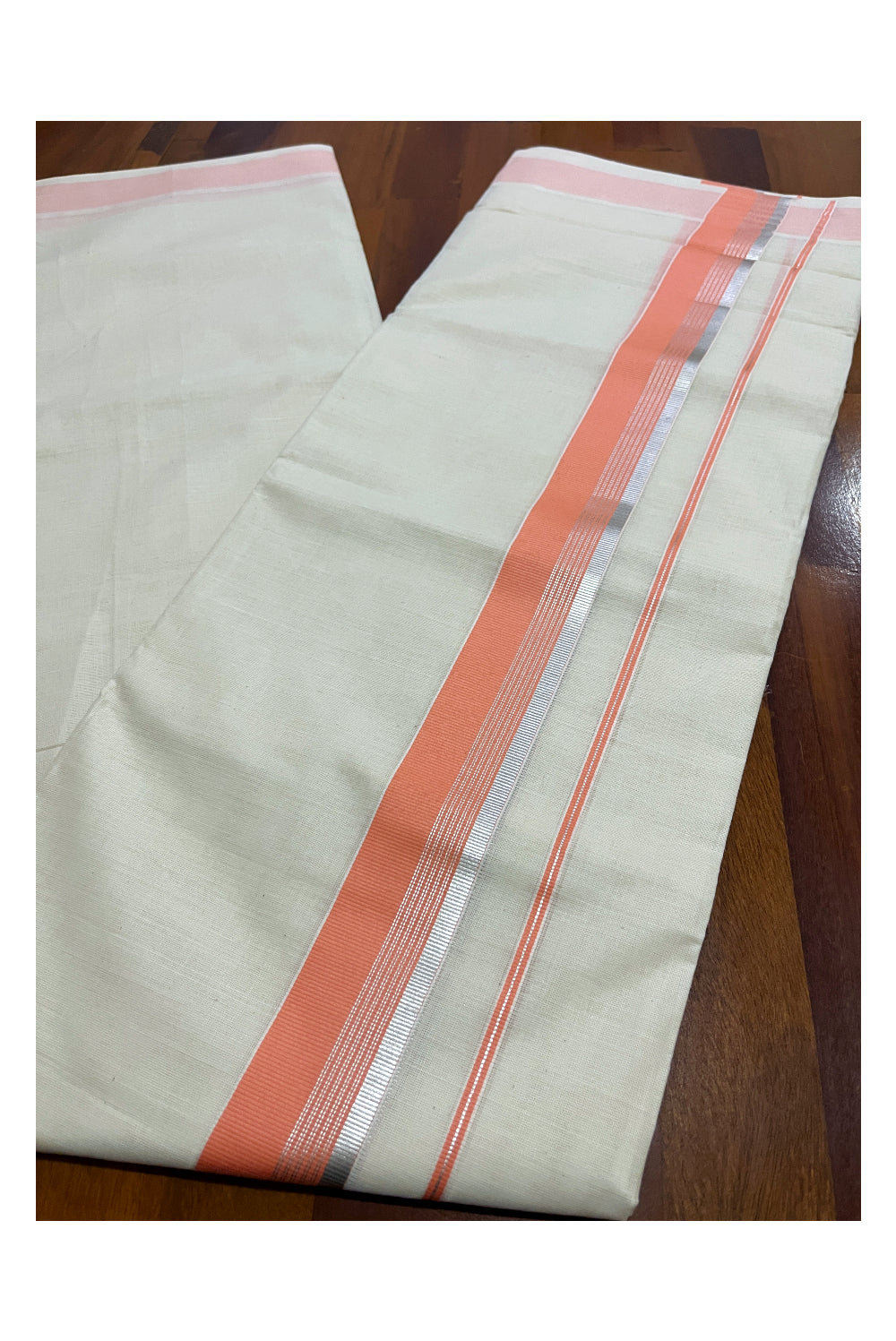 Pure Cotton Double Mundu with Peach and Silver Kasavu Border (South Indian Dhoti)