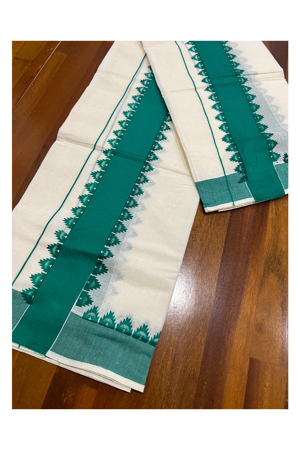 Pure Cotton Set Mundu (Mundum Neriyathum) with Green Temple Block Prints Border