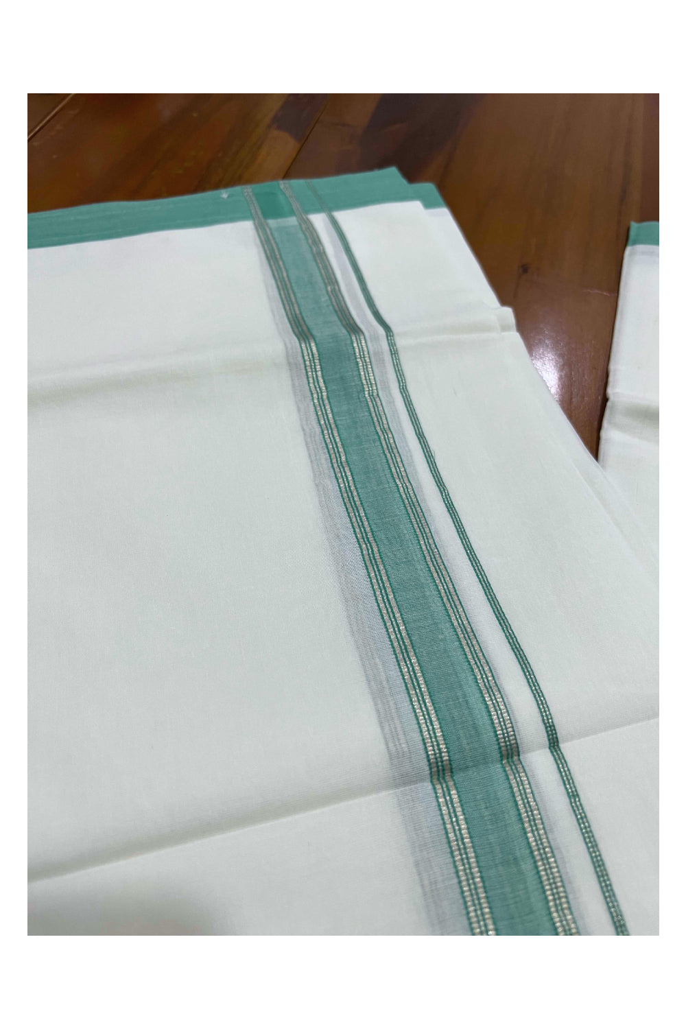 Pure White Cotton Mundu with Green and Silver Kara (South Indian Dhoti)