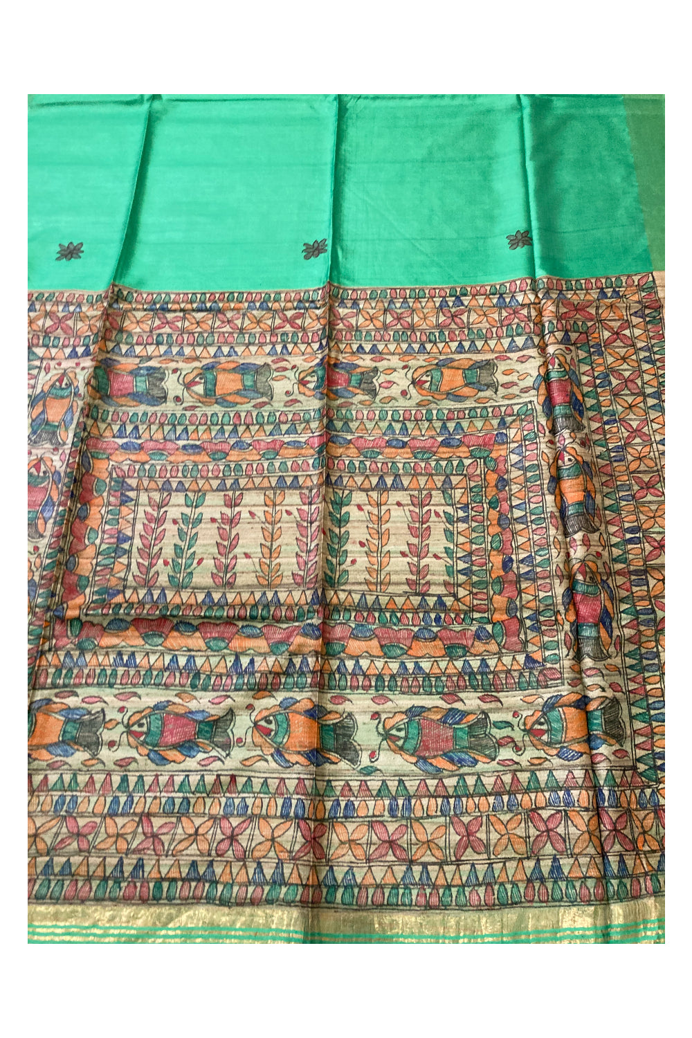 Southloom Soft Silk Green Saree with Multi-Coloured Art Works on Pallu