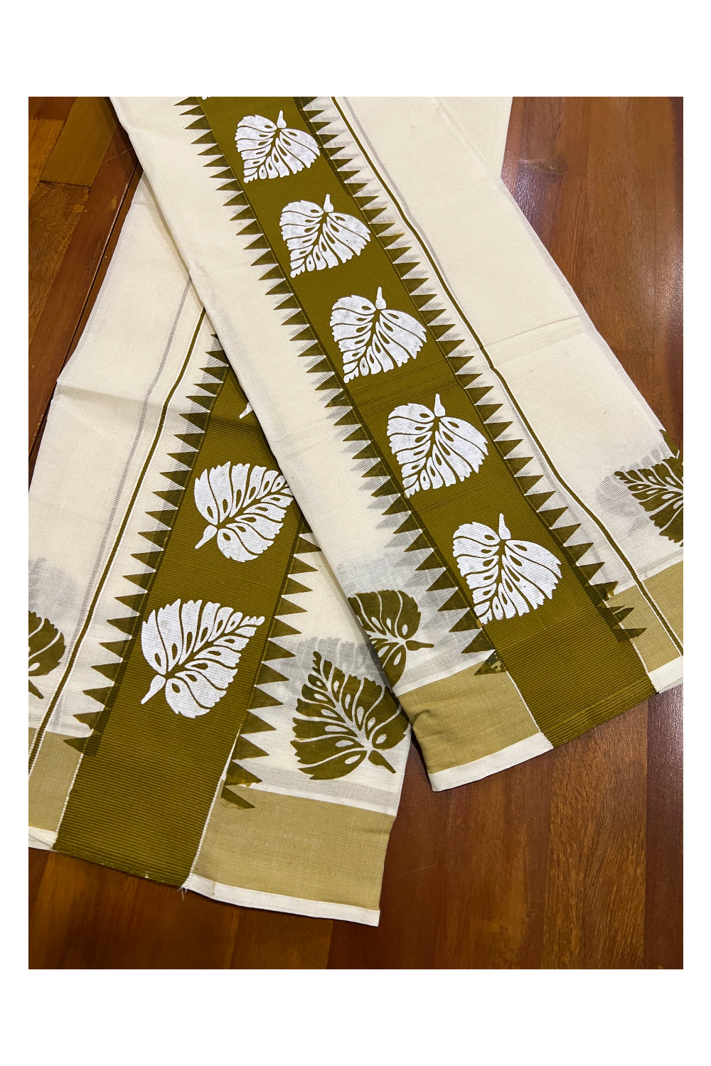 Pure Cotton Kerala Set Mundu (Mundum Neriyathum) with White Leaf Block Prints on Olive Green Temple Border