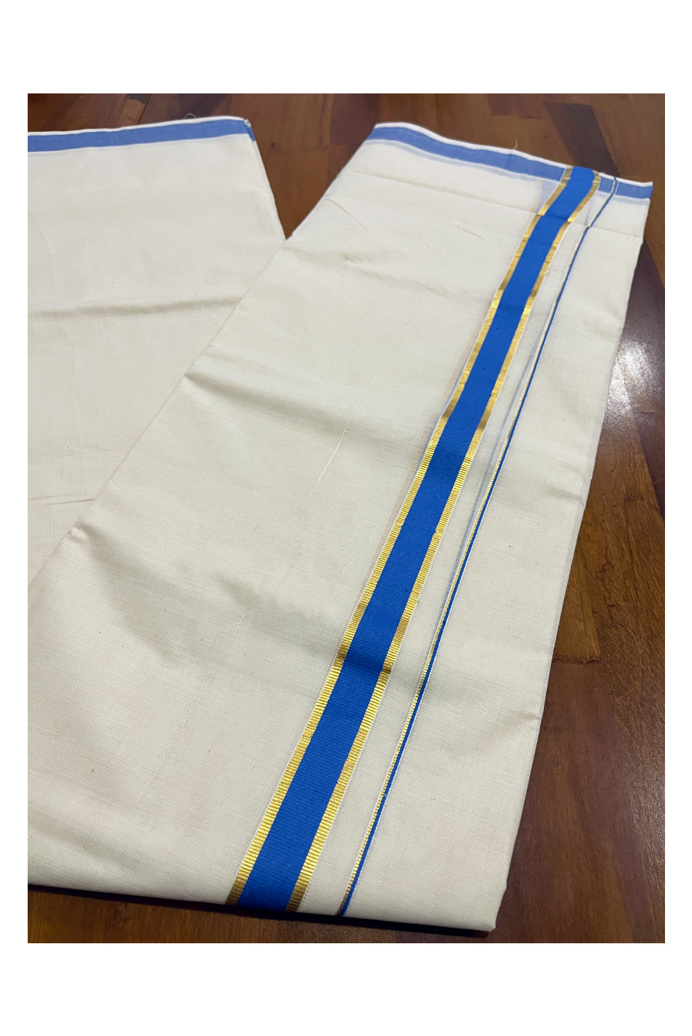 Pure Cotton Double Mundu with Kasavu Blue Kara (South Indian Dhoti)