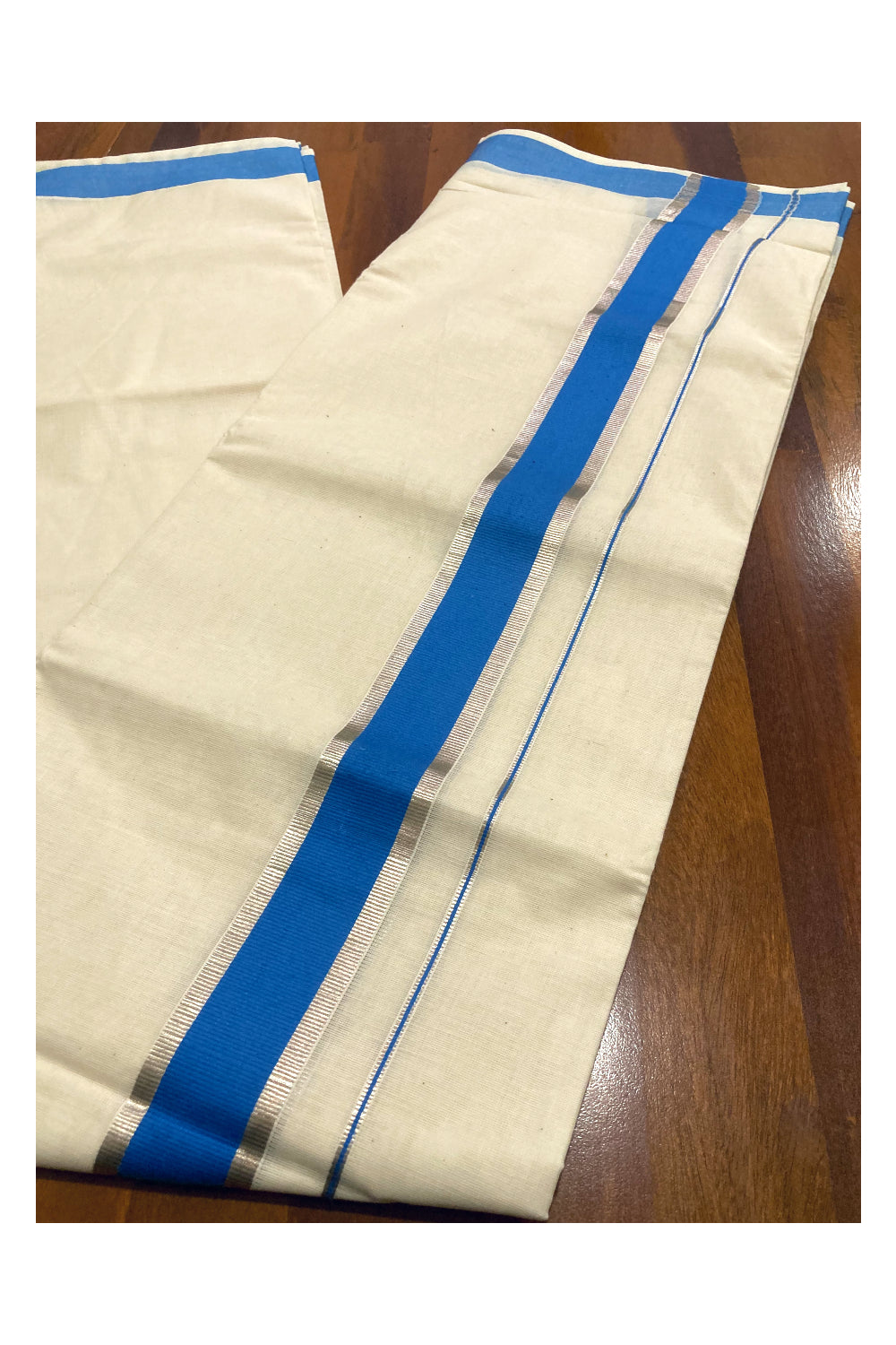 Pure Cotton Double Mundu with Blue and Silver Kasavu Border (South Indian Kerala Dhoti)