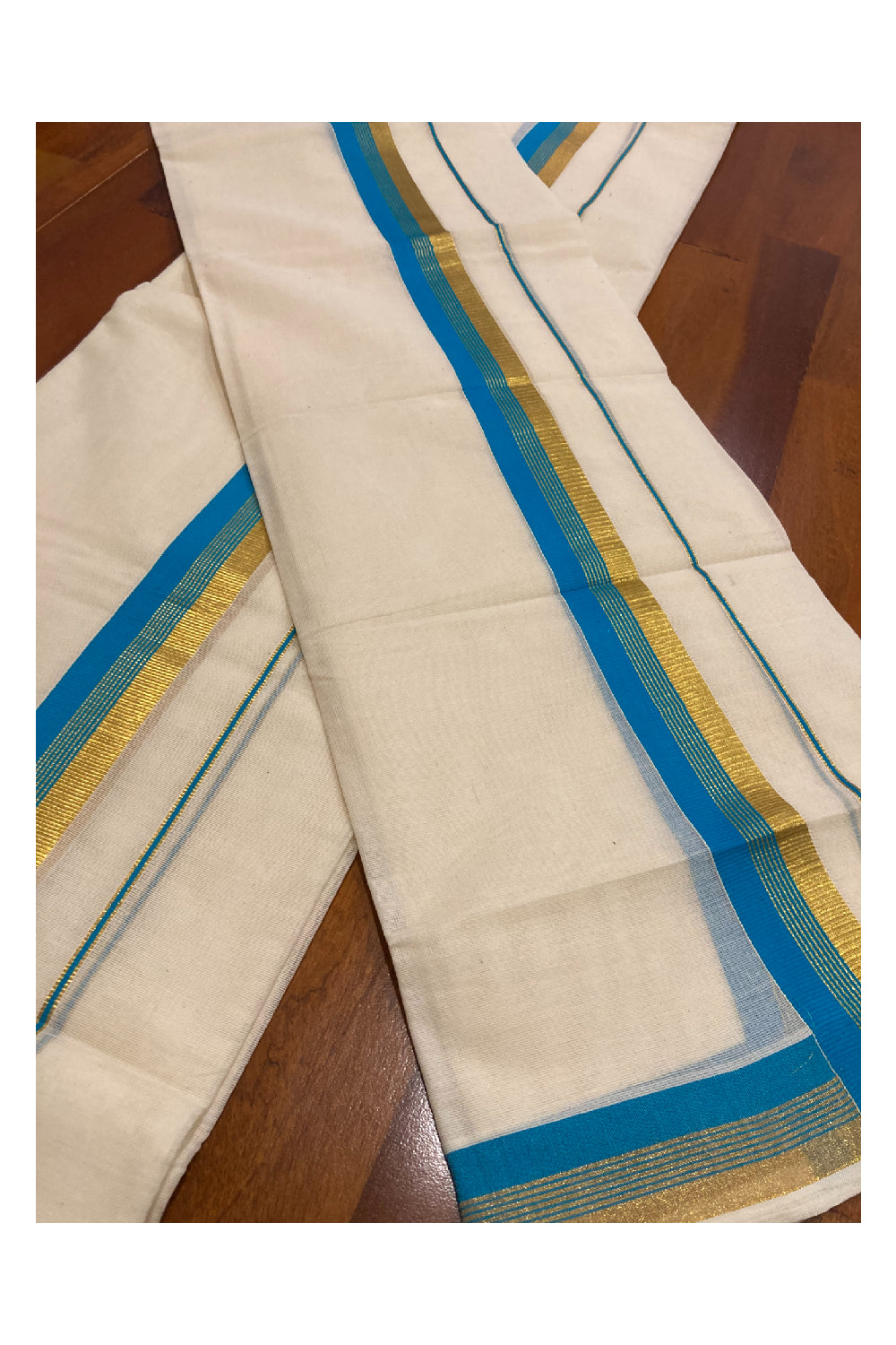 Kerala Cotton Mundum Neriyathum Double (Set Mundu) with Light Blue and Kasavu Border