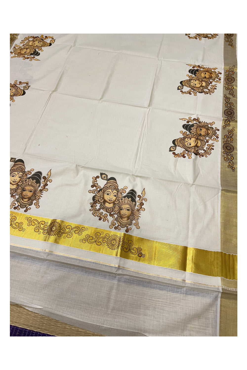 Pure Cotton Kerala Kasavu Saree with Mural Printed Brown Krishna Radha Face Art Design