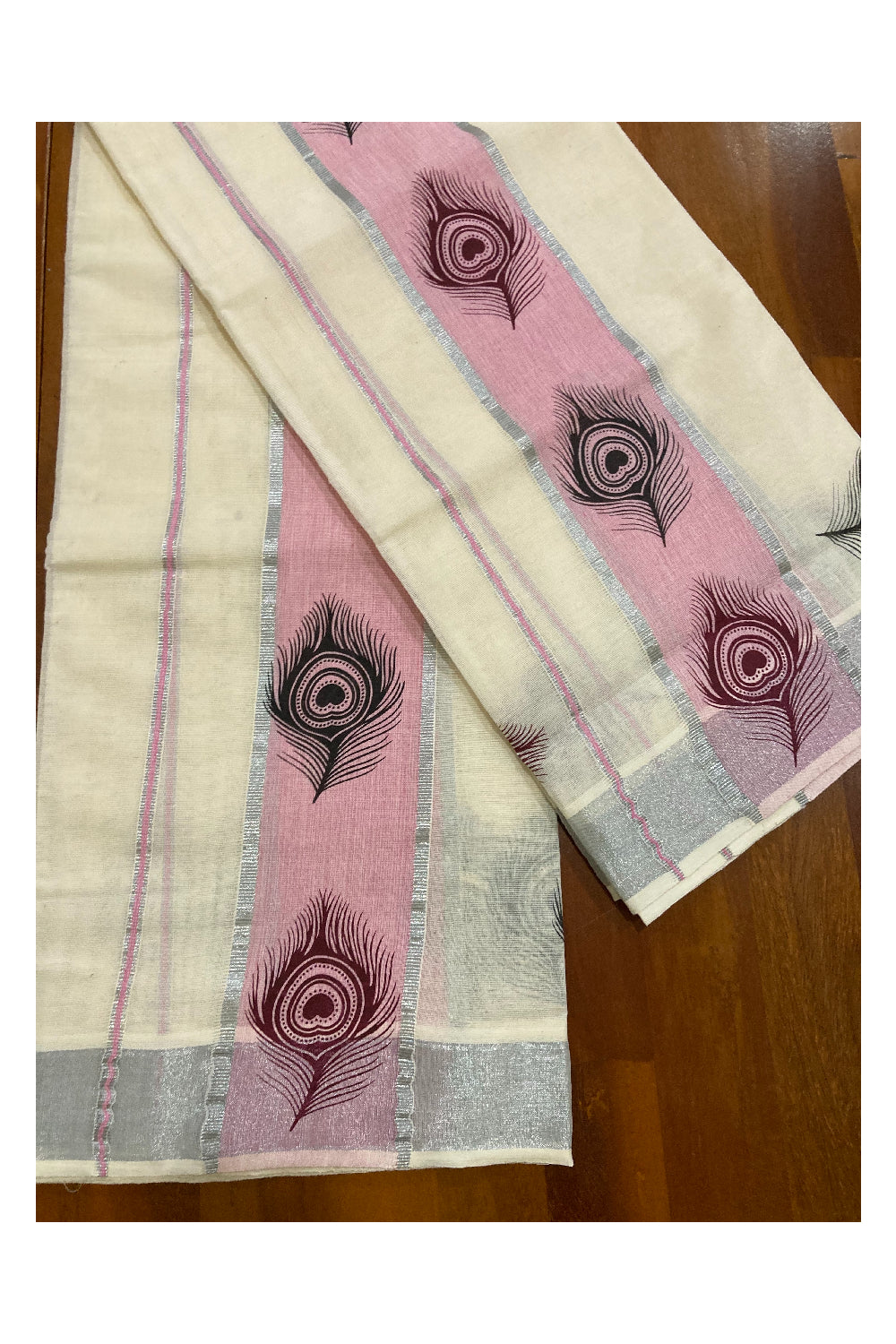 Kerala Cotton SIlver Kasavu Set Mundu (Mundum Neriyathum) with Purple and Black Feather Block Prints on Pink Border