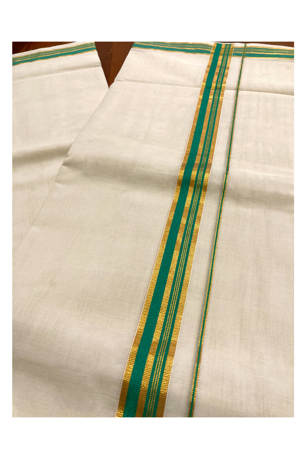 Southloom Premium Handloom Pure Cotton Mundu with Kasavu and Green Line Border (South Indian Dhoti)