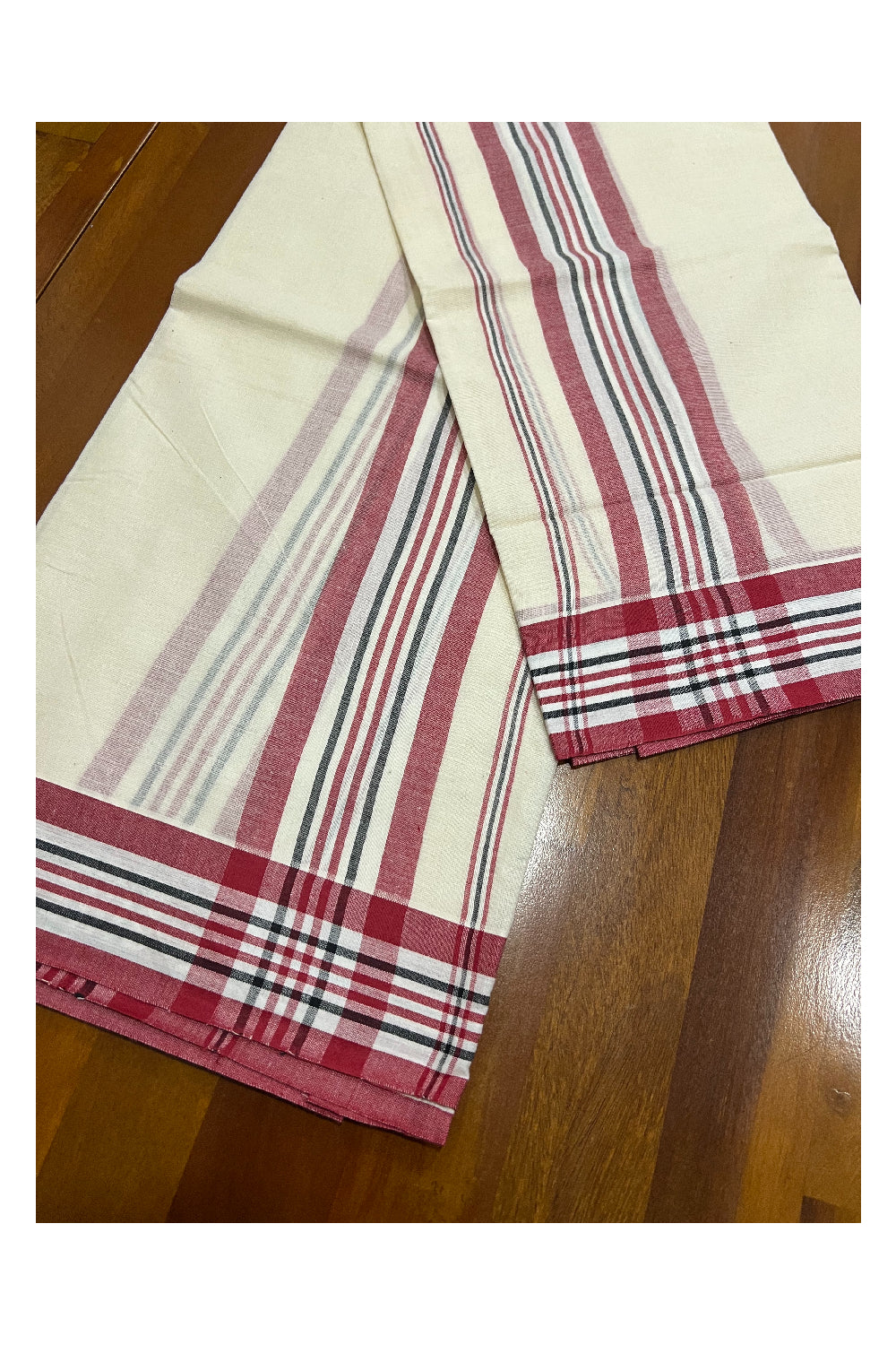 Kerala Cotton Mundum Neriyathum Single (Set Mundu) with Red and Green Mulloth Border (Extra Soft Cotton)